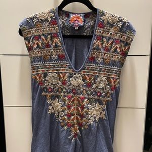 Johnny Was Floral Patterned Detail Navy Shirt Size S